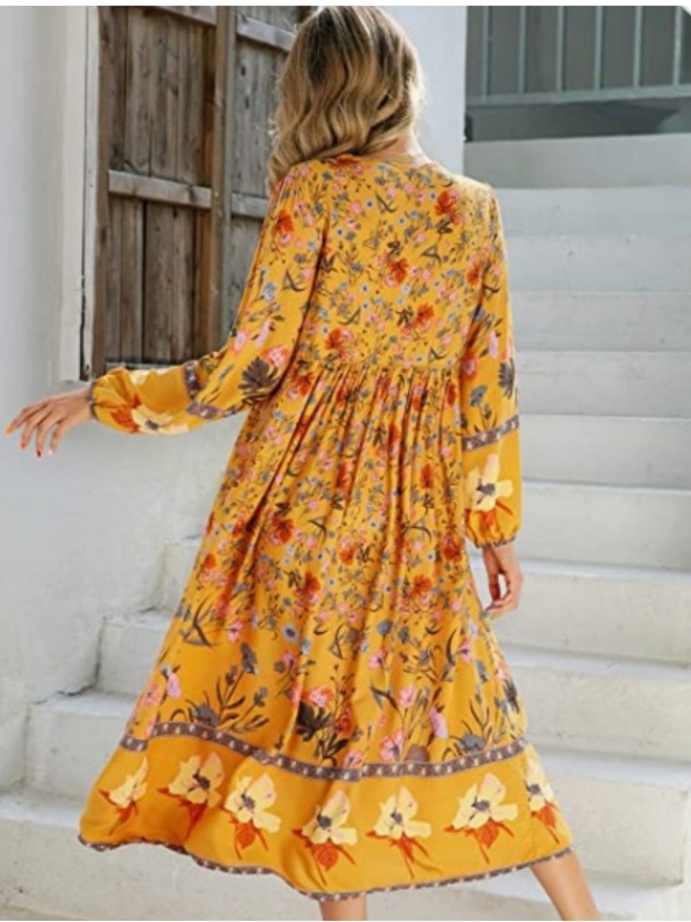 R. Vivimos Dijon Mustard Long Sleeve Floral Print Retro Tassel Bohemian Dress - Picture 2 of 9